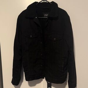 Zara Men's Black Jacket with Fleece Collar